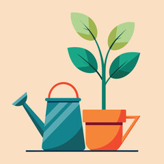 Sticker - A simple, minimalist illustration of a watering can and a potted plant, A minimalist illustration of a watering can and potted plant