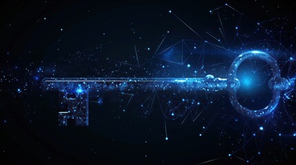 Wall Mural - A key is shown in a blue and white color scheme with a starry background. The key is surrounded by a network of lines and dots, giving it a futuristic and otherworldly appearance
