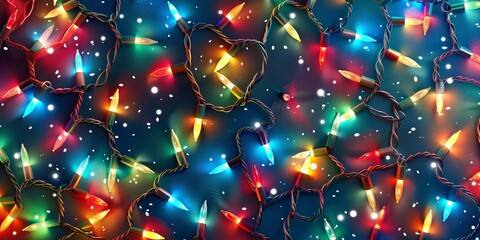 Wall Mural - Festive colorful Christmas lights strung together, glowing brightly against a dark background. These cheerful lights add a warm and joyous holiday ambiance