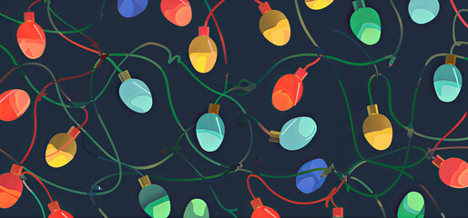 Wall Mural - Festive colorful Christmas lights strung together, glowing brightly against a dark background. These cheerful lights add a warm and joyous holiday ambiance