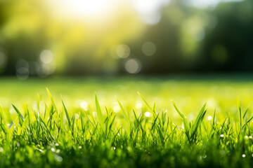 Wall Mural - a fresh spring sunny garden background of green grass and blurred foliage bokeh.