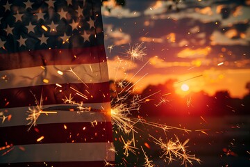 Wall Mural - Sparklers and American Flag Overlapping at Sunset, Vibrant Fireworks Background,