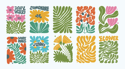 Wall Mural - set of groovy floral botanical background in trendy naive retro hippie 60s 70s style. vertical poste