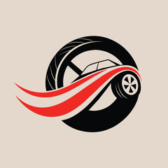 Wall Mural - A minimalist logo design showcasing a tire track, a car, and red speed lines, symbolizing speed and movement, A minimalist logo featuring a tire track design for a car rental company