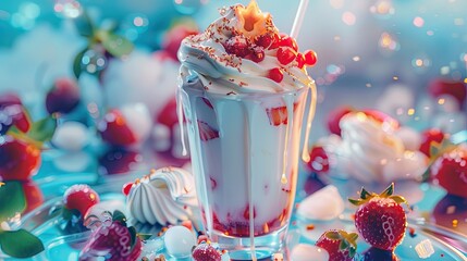 Wall Mural - colorful strawberry milkshake photo description: photo of strawberry milkshake topped with whipped c
