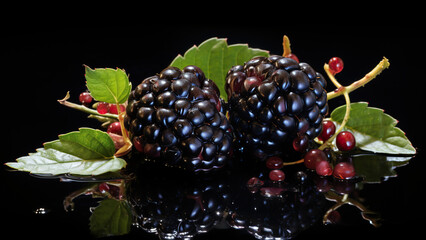 Wall Mural - Juicy blackberries with water drops and green leaves
