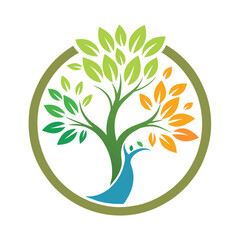 Sticker - A minimalist logo featuring a stylized tree silhouette with green, yellow, and orange leaves within a green circle, A minimalist logo incorporating a simple circle and line