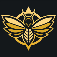 Wall Mural - A simple and modern logo design featuring stylized bee wings within a circular frame, rendered in gold against a black background, A minimalist logo incorporating bee wings in a symmetrical design