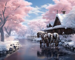 Wall Mural - Horse Carriage in the Snowy Winter Landscape 3d illustration
