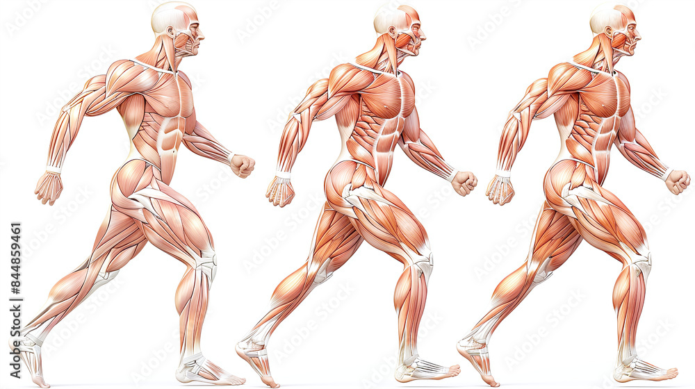Human Musculature Diagram Three Poses Side View Red Muscles Transparent ...