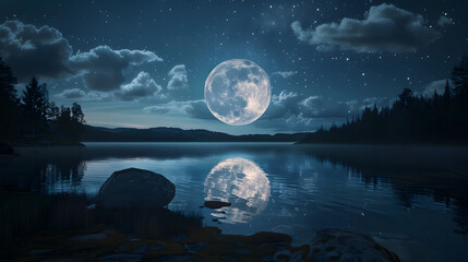 enormous beautiful moon illuminating a lake