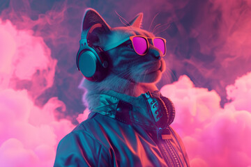 Wall Mural - Photorealistic fashion portrait of an anthropomorphic cat wearing a cool modern jacket and headphones, sunglasses, standing in the clouds with a pink neon background