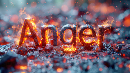 Fiery Anger Word Burning with Flames and Embers on Dark Smoky Background Symbolizing Intense Emotion