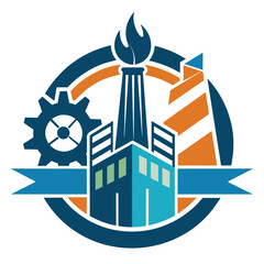 Poster - A stylized logo featuring a factory building, a cogwheel, and a flame representing industrial development, A modern and minimalist symbol representing industrial services