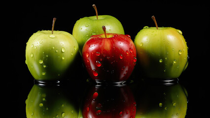 Wall Mural - Juicy apples with water droplets, isolated on black background







