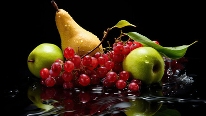 Poster - Assorted fresh fruits with water droplets on dark background
