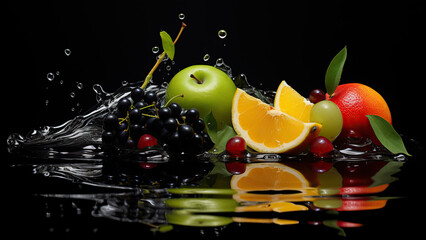 Wall Mural - Assorted fresh fruits with water splash on dark background
