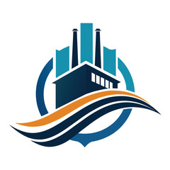 Canvas Print - A modern logo depicting a factory building with stylized blue and orange waves, A sleek and minimalistic logo design for a manufacturing company