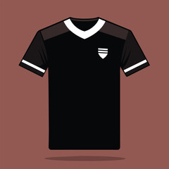 Poster - A black t-shirt with a white geometric design on the chest and white trim around the neckline and sleeves, A sleek black t-shirt with a small white geometric shape