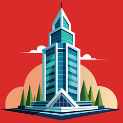 Poster - A stylized illustration of a sleek, modern skyscraper with geometric design elements against a red background, A sleek, modern skyscraper design with geometric shapes and clean lines