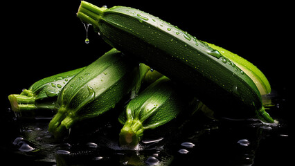 Wall Mural - Fresh cucumbers with water droplets and leaves on dark background

