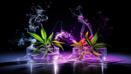 Poster - Vibrant cannabis leaves with swirling purple and blue smoke
