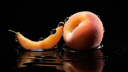 Poster - Whole peach with slice and water droplets on dark background
