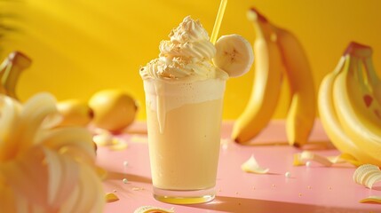 Wall Mural - photo of creamy banana milkshake delight description: a photo of creamy banana milkshakes topped wit