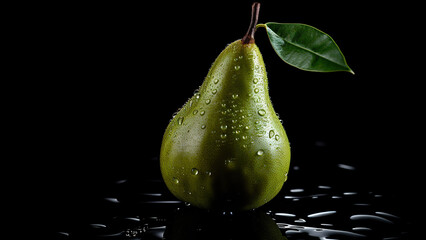 Poster - Juicy green pear with water droplets, isolated on black background







