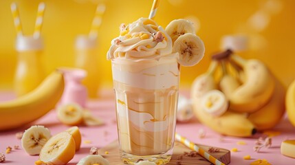 Wall Mural - photo of creamy banana milkshake delight description: a photo of creamy banana milkshakes topped wit