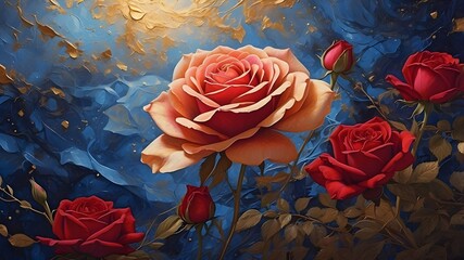 this mesmerizing image features a single, vibrant red rose with streams of golden divine light emana