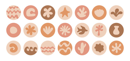 Wall Mural - Set of groovy boho summer sticker with palm abstract shape in trendy retro naive simple style.. Sunny summer day aesthetic. Pastel brown colors.