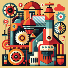 Poster - A digital illustration of an abstract industrial design, featuring geometric shapes, bright colors, and intricate machinery details, An abstract design inspired by machinery and industrial processes