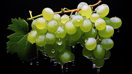 Poster - Juicy green grapes with water droplets, isolated on dark background







