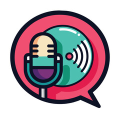 Poster - A logo for a podcast featuring a microphone and radio waves inside a colorful speech bubble, bubble chat podcast logo