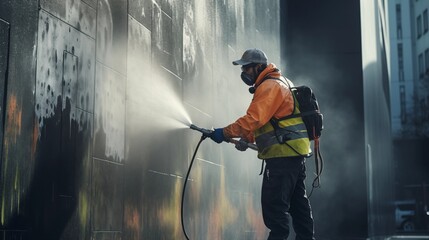 Wall Mural - Worker in high visibility jacket using a pressure washer to clean graffiti from an urban wall.