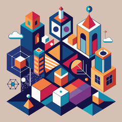 Poster - Abstract Geometric Cityscape With Colorful Towers and Geometric Shapes, Consider using geometric shapes to convey a sense of structure and organization