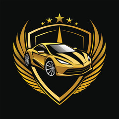 Sticker - Gold Sports Car Logo Design Featuring a Sleek, Modern Vehicle Surrounded by Wings and Stars, Construct a logo that embodies the sleek and sophisticated design of a luxury vehicle