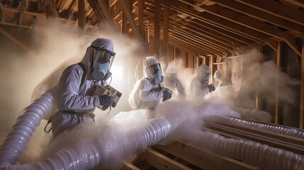 Wall Mural - Workers donning protective gear use blowers to distribute loosefill insulation evenly throughout the attic space creating a barrier against temperature fluctuations.