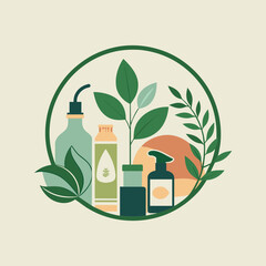 Poster - Minimalist Green Circle Logo Featuring Skincare Products and Botanical Elements, Craft a minimalist logo for an e-commerce platform specializing in organic skincare products