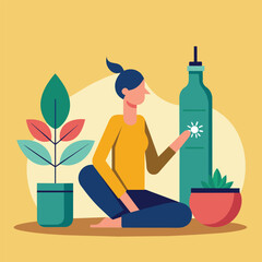 Sticker - Woman Sitting With Plant and Bottle in Minimalist Illustration, Create a minimalist artwork that reflects the commitment to physical wellness and self-care