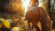 © Jafree - Rider on horseback in a sunlit forest trail. Horseback riding in forest. Concept of equestrian sport, outdoor adventure, nature trail, sunlight