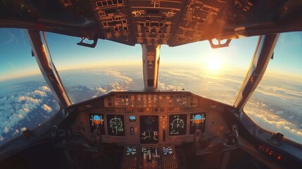 Wall Mural - Empty Airplane cockpit with illuminated control panels and scenic view, concept of aviation, aircraft operation, pilot training