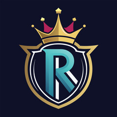 Poster - A digitally rendered logo design featuring a teal letter R in a white outline, surrounded by a gold shield with a gold crown on top, crown letter R logo