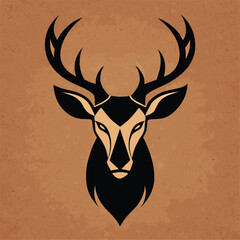 Poster - A black silhouette of a deer head with antlers against a brown textured background, Deer head silhouette against a textured background