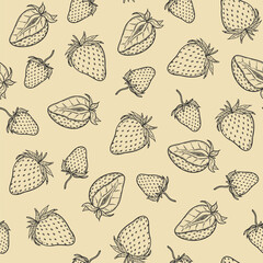 Strawberry seamless pattern, vector strawberries black line art illustration on beige background, hand drawn botanical outline sketch. Monochrome drawing. For digital background, packaging, textile.