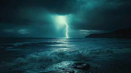 Thunderous dark sky with clouds and  lightning ، and sea 