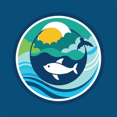 Poster - A Circular Logo Featuring a White Dolphin Swimming in a Blue Ocean With a Yellow Sun in the Sky, Design a logo that conveys the importance of protecting our oceans in a minimalist aesthetic