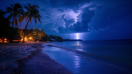 Wall Mural - Thunderous dark sky with clouds and  lightning ، and sea 