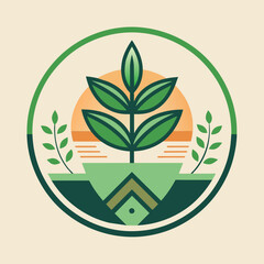 Sticker - A minimalist emblem design featuring a plant with leaves, a stylized sun, and geometric details, Design a minimalist emblem for a plant-based food packaging brand